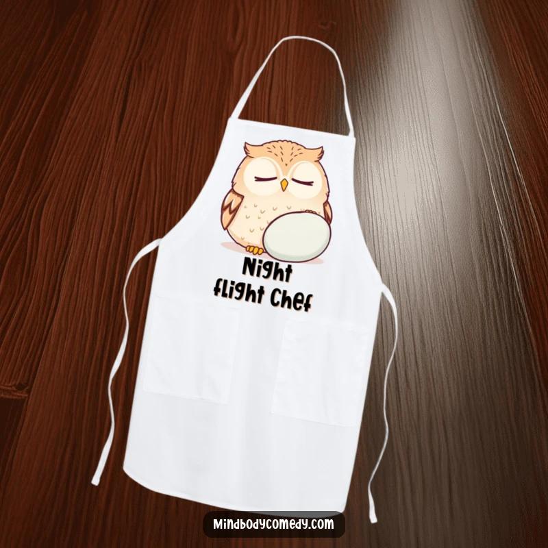 Funny round owl breathing deeply near a cushion, featured on a durable apron for chefs.