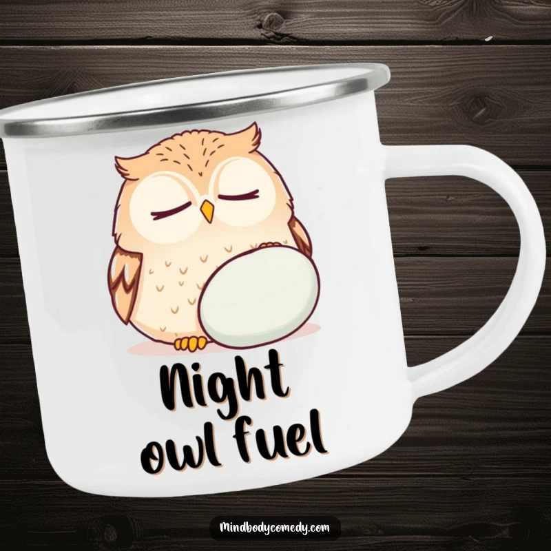 Funny owl breathing deeply near a cushion, on a rugged camping mug for serene outdoor experiences.