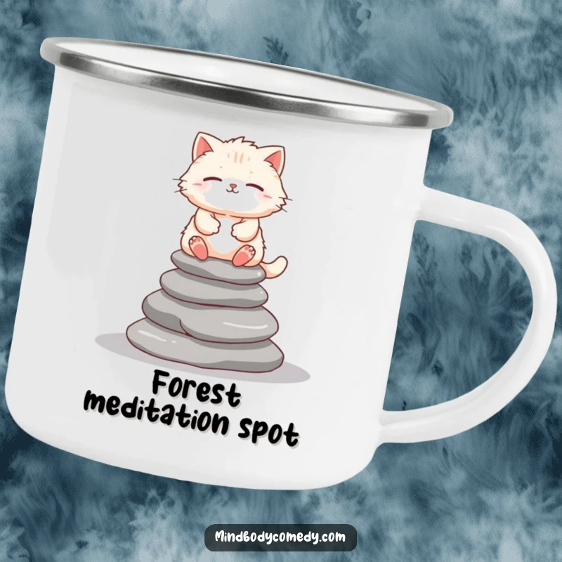 Funny cat meditating on stones, on a rugged camping mug for serene outdoor experiences.