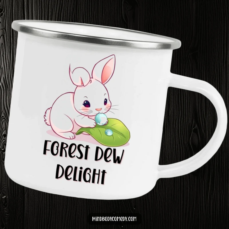 Funny camping mug featuring a curious rabbit gently touching a dewdrop on a leaf, perfect for nature outings.