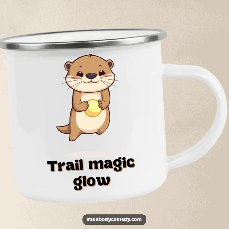 Funny camping mug featuring a leaping otter balancing a glowing orb on its nose, ready for outdoor fun.