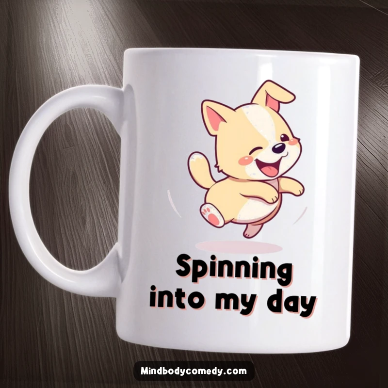 Funny mug showing a happy dog spinning in a spiral, gleefully chasing its own tail with pure excitement.