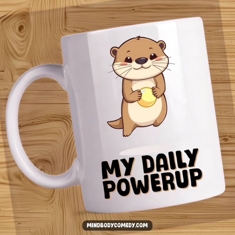 Funny mug showing a leaping otter with a glowing orb balanced on its nose, radiating playful energy.