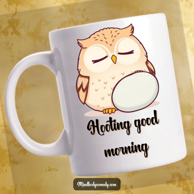 Funny round owl with closed eyes breathing deeply near a cushion, radiating zen on a mug.