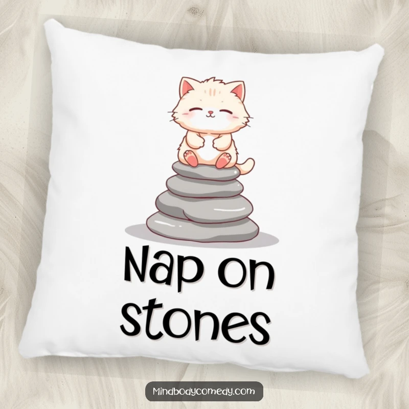 Funny cat meditating on stones, depicted on a soft pillow for humorous relaxation and comfort.