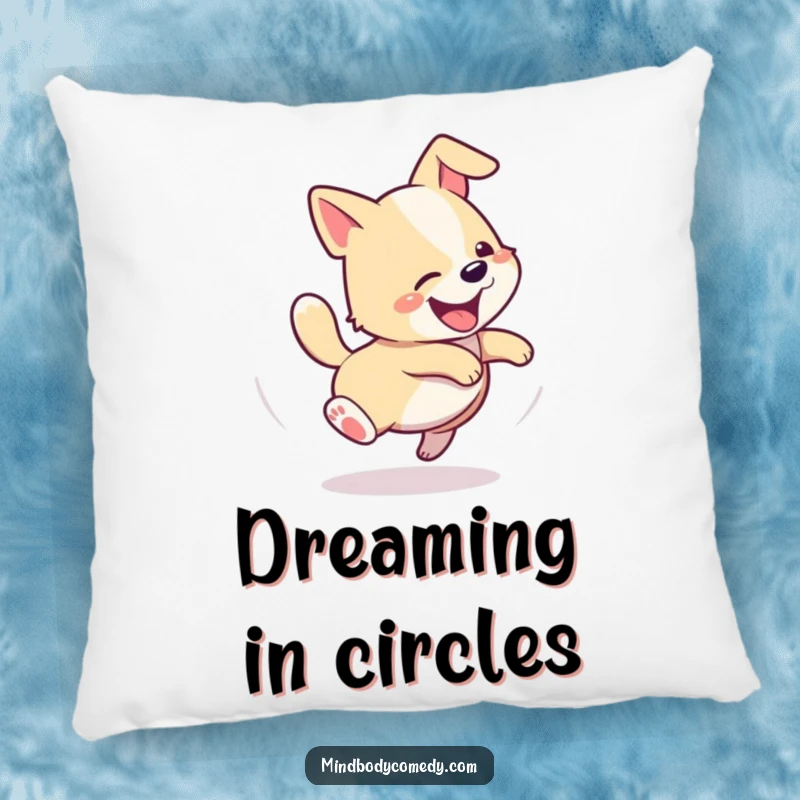 Funny pillow featuring a happy dog spinning in a spiral, delightfully chasing its own tail.