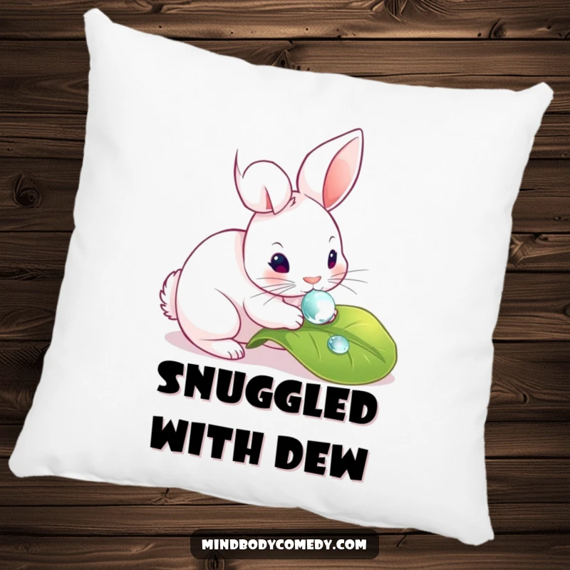 Funny pillow featuring a rabbit gently touching a dewdrop on a leaf, perfect for adding cozy, nature-inspired decor.