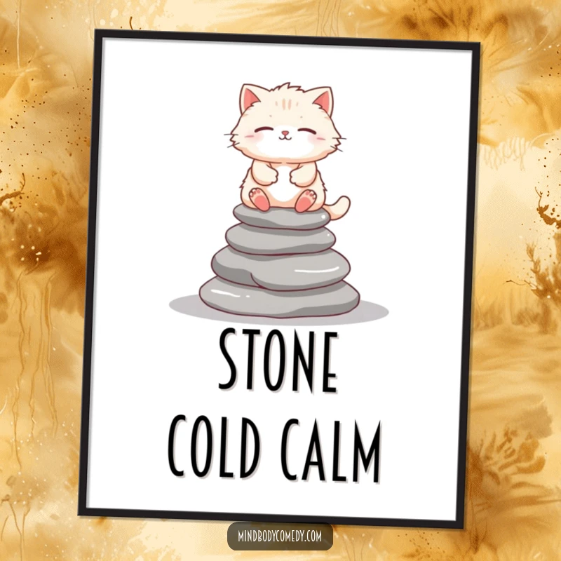 Funny fluffy cat meditating atop gray stones, downloadable digital art print for serene decor.