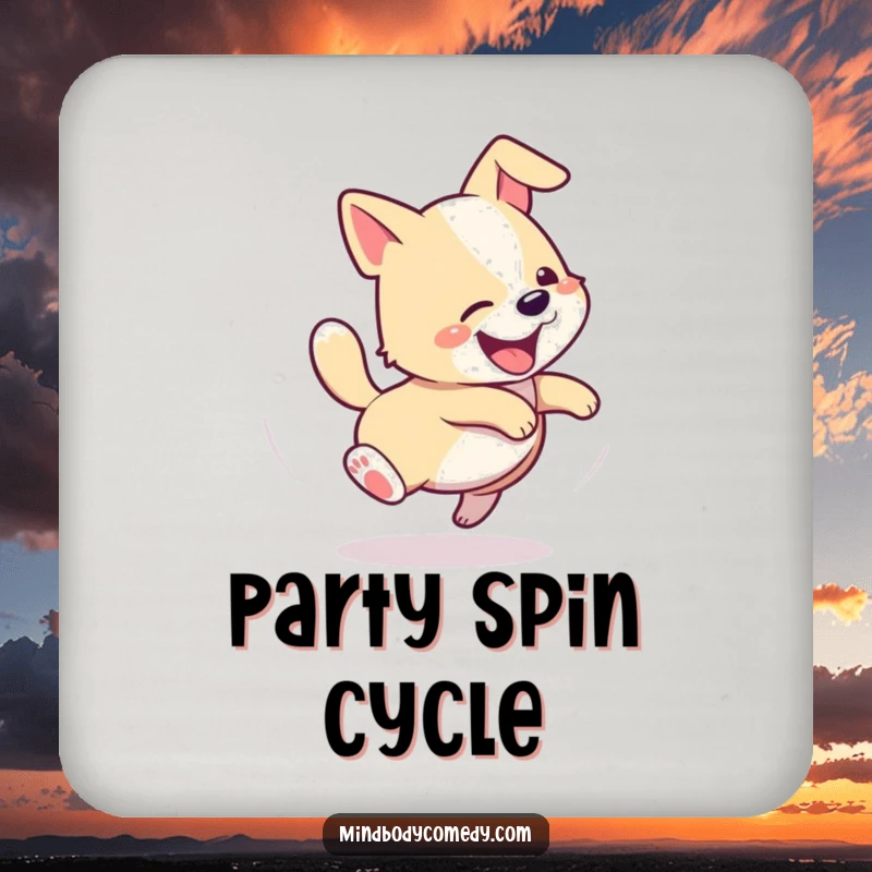 Funny drink coasters showing a happy dog spinning in a spiral, chasing its tail, protecting your furniture with humor.