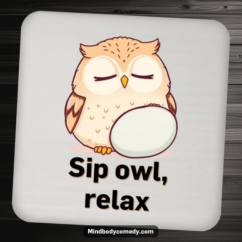 Funny round owl breathing deeply near a cushion, featured on drink coasters for peaceful protection.