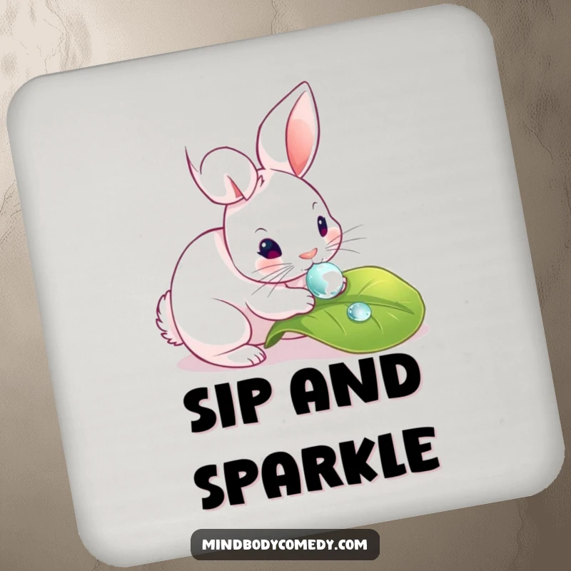 Funny drink coasters showing a rabbit gently touching a dewdrop on a leaf, adding a touch of nature's art.