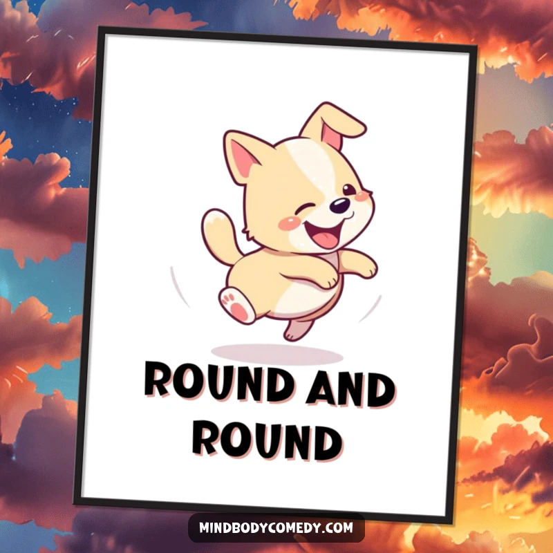 Funny poster art of a happy dog caught in a comical spiral, enthusiastically chasing its tail.