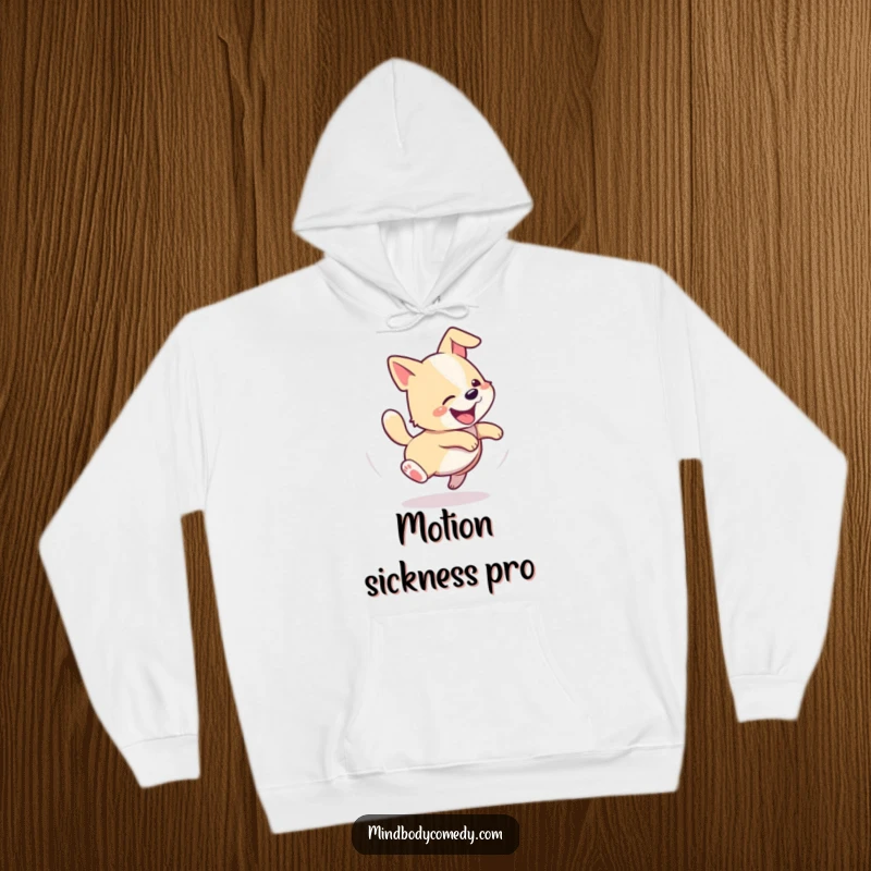 Funny hoodie depicting a cheerful dog endlessly chasing its tail in a dizzying, circular motion.