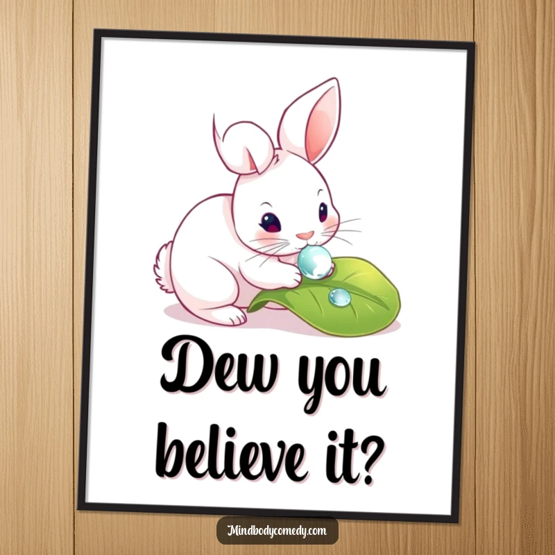 Gentle Free Printable Wall Art: Curious rabbit delicately touching a dewdrop on a leaf