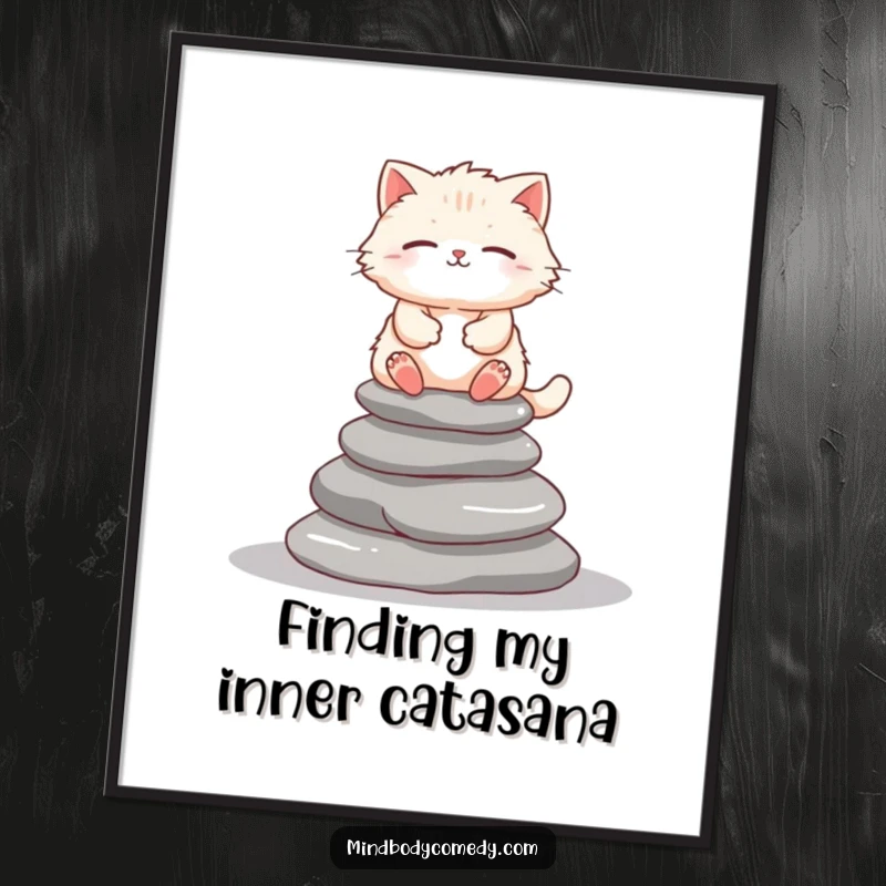 Funny Free Printable Wall Art: Fluffy cat calmly meditates on top of smooth gray stones, exuding peace.