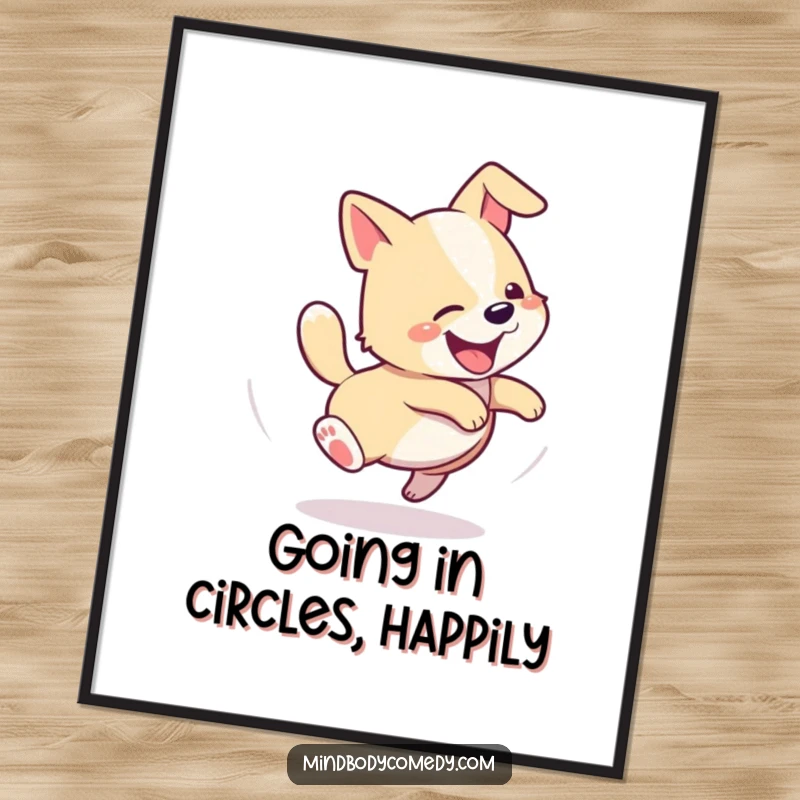 Funny Free Printable Wall Art: A happy dog caught mid-spin, chasing its tail