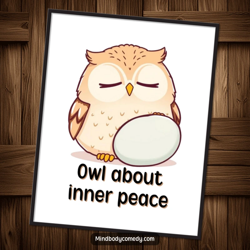 Funny Free Printable Wall Art: Round owl sits with closed eyes, breathing deeply near a soft cushion.