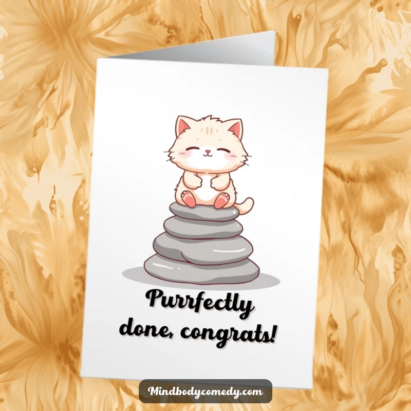 Funny Free Printable Congratulations Card: Fluffy cat achieves inner peace meditating on a stack of smooth stones.