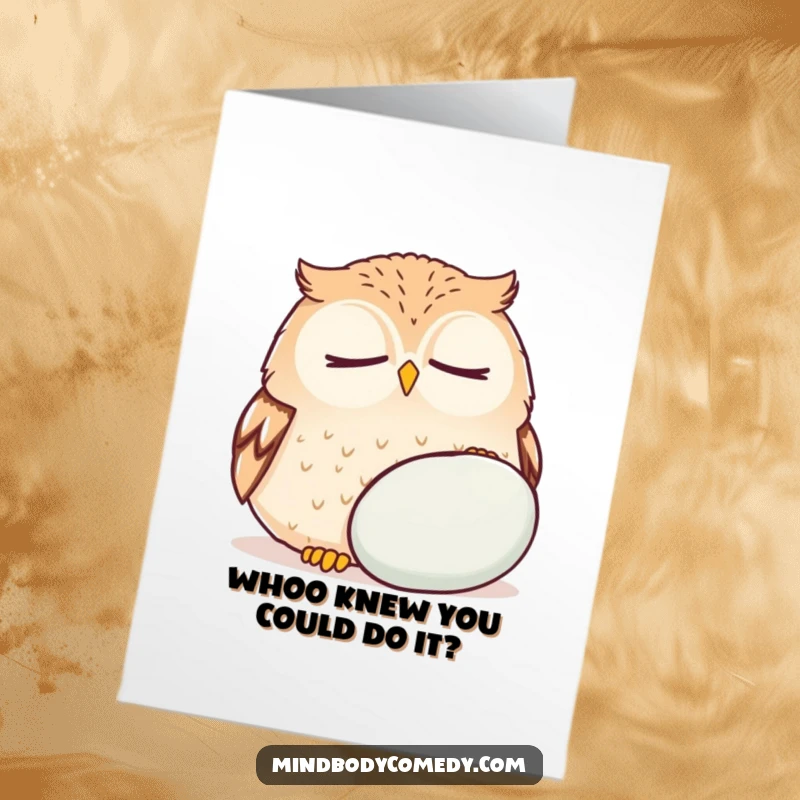 Funny Free Printable Congratulations Card: Wise round owl meditating deeply near a soft cushion, conveying calm.