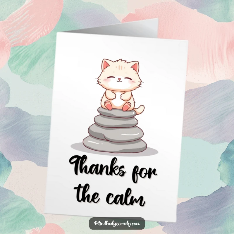 Funny Free Printable Thank You Card: Peaceful cat sits meditating on stones, conveying serene gratitude.