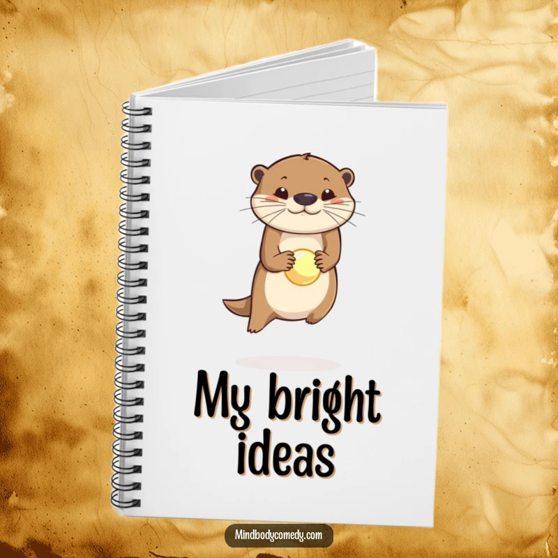 Funny notebook cover illustration of a leaping otter balancing a small, glowing orb on its nose, inspiring creative ideas.