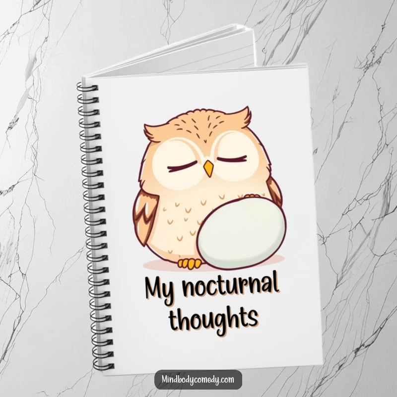 Funny owl breathing deeply near a cushion, designed on a lined notebook for peaceful journaling.