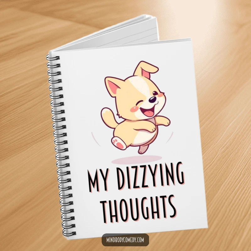 Funny notebook cover with a happy dog caught in a comical spiral while chasing its tail, inspiring fun notes.