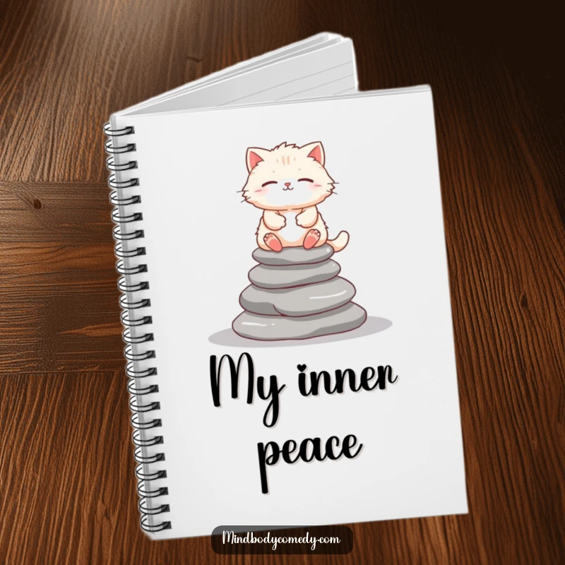 Funny cat meditating on stones, designed on a lined notebook for peaceful journaling.