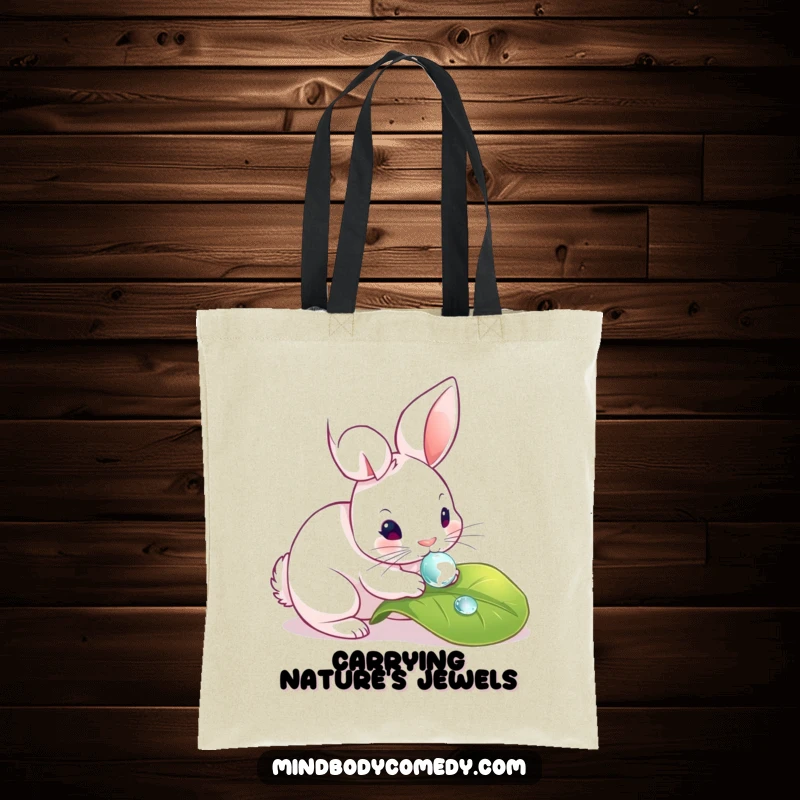 Funny tote bag illustrating a rabbit gently touching a dewdrop on a leaf, a symbol of delicate discovery.